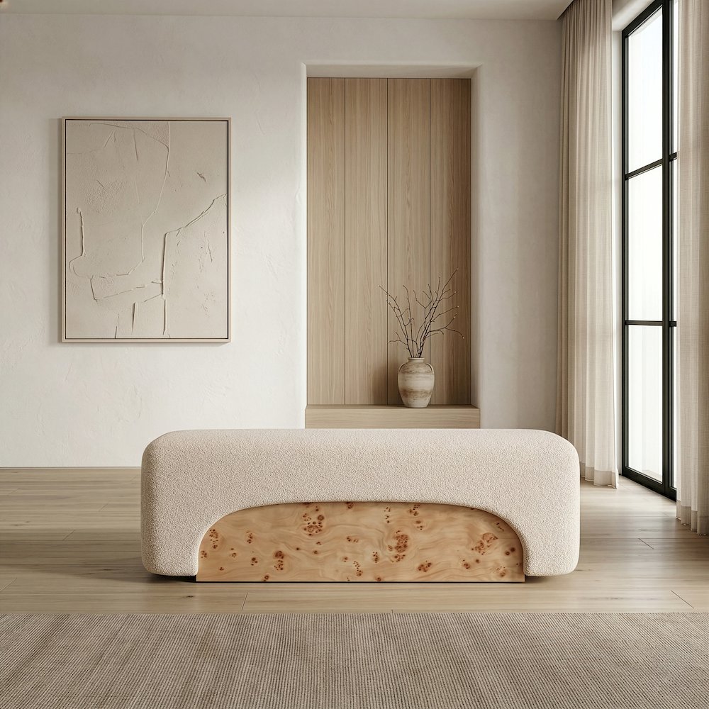 Mayfair - Contemporary Beige Fabric + Burl Bench Ottoman. Picture 5