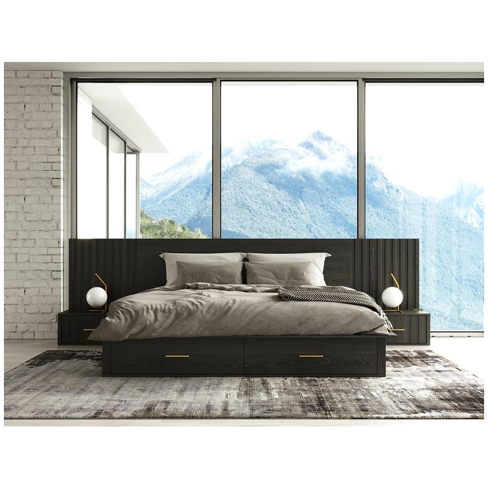 Eastern King Contemporary Dark Grey Platform Bed with Two Nightstands. Picture 9