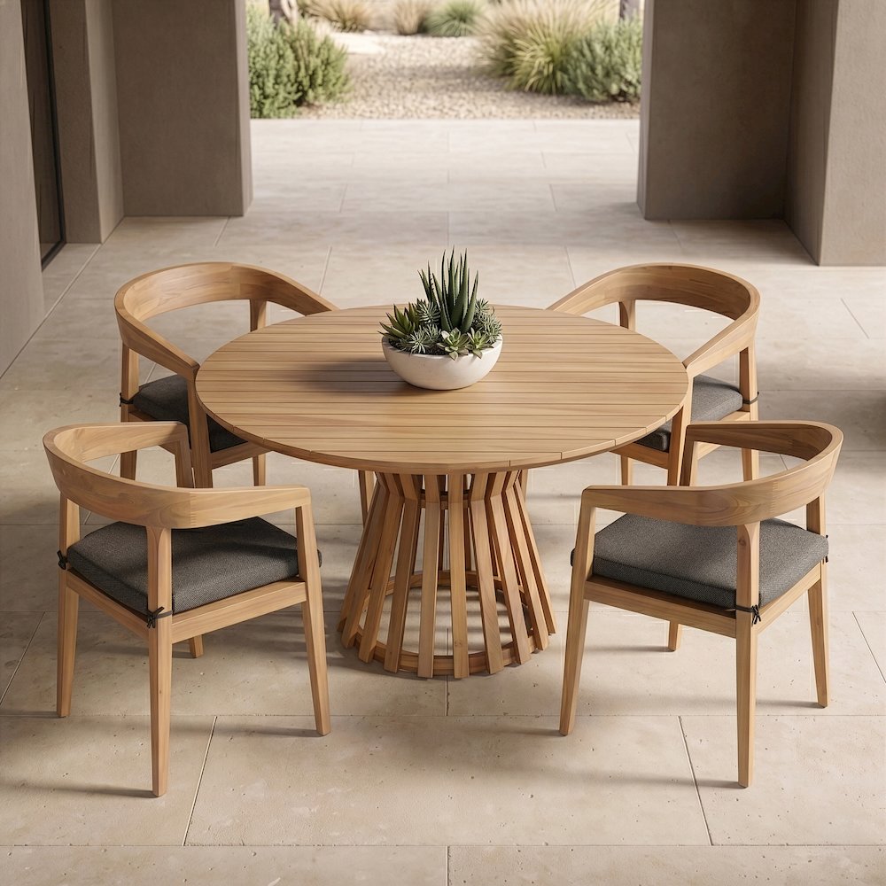 Sintra - Outdoor Grey + Eucalyptus Round Dining Table Set. Picture 6