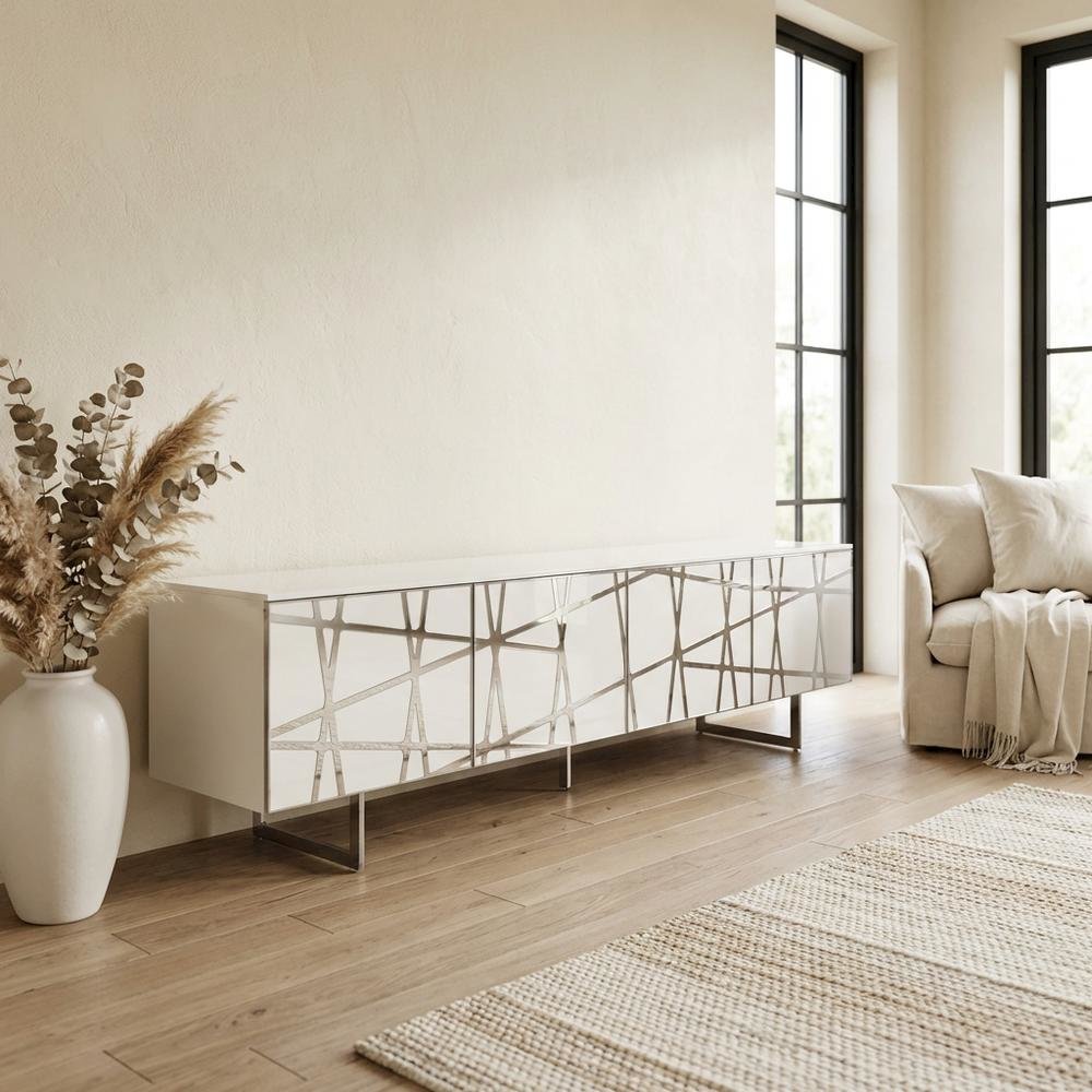 White Modern TV Stand with Engineered Wood Construction and Sleek Design. Picture 3