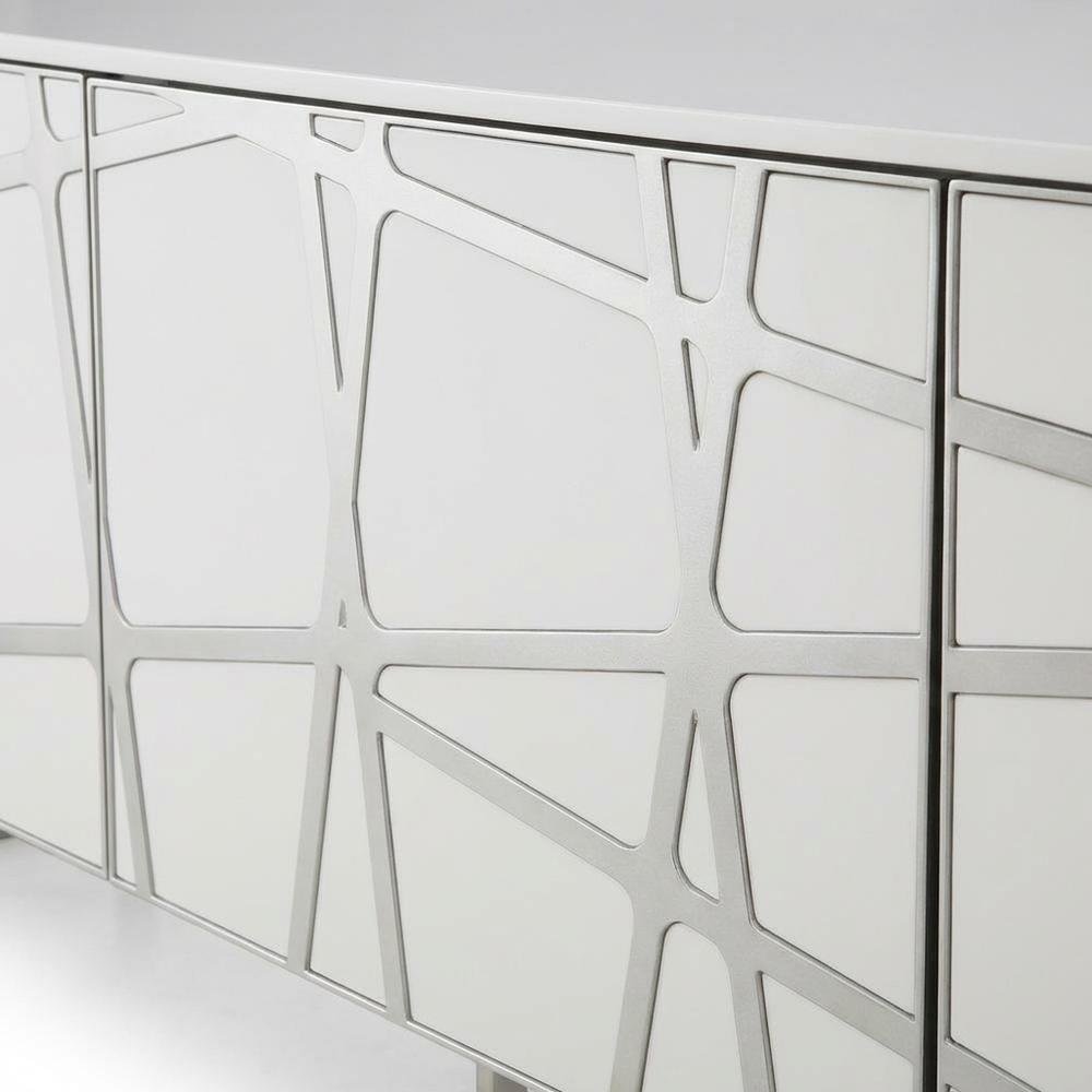 White Modern TV Stand with Engineered Wood Construction and Sleek Design. Picture 5