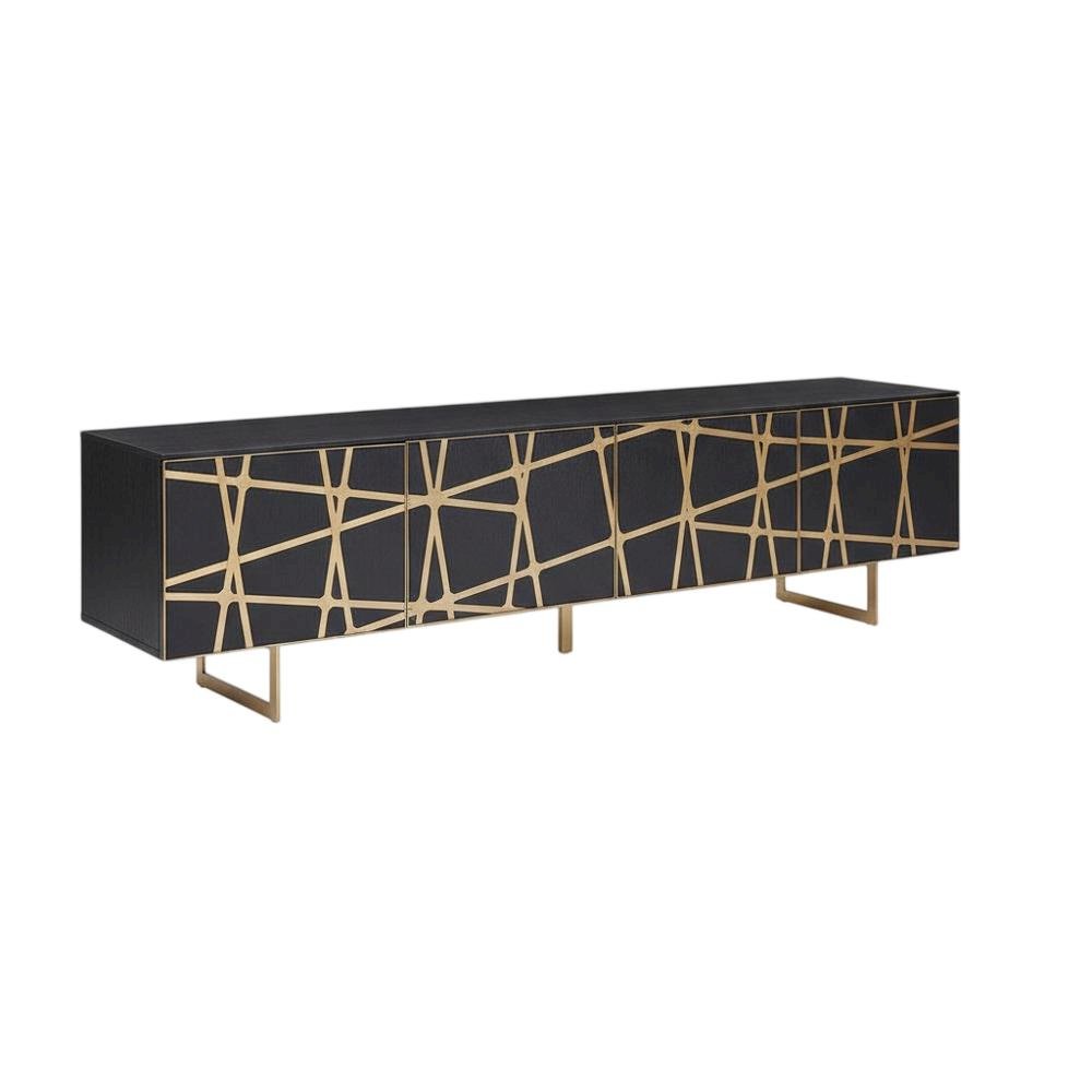 Modern Black TV Stand with Engineered Wood and Gold Accents for Living Room. Picture 1