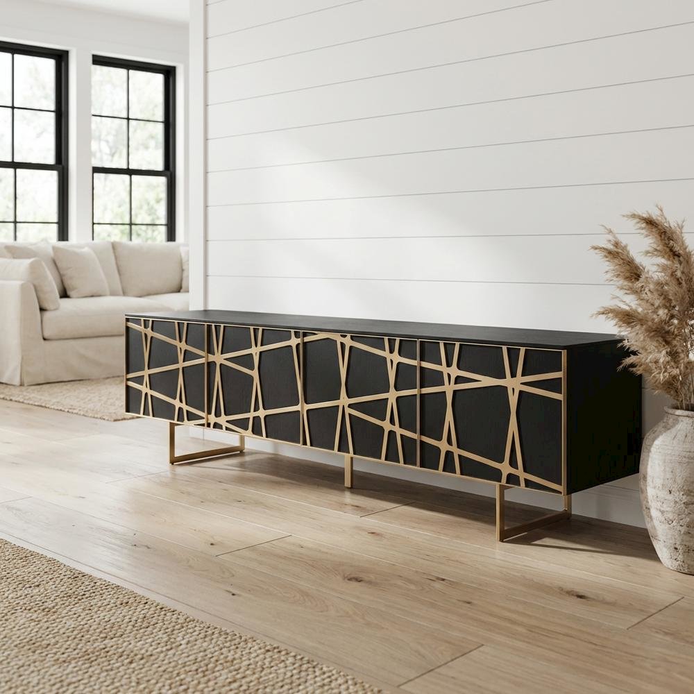 Modern Black TV Stand with Engineered Wood and Gold Accents for Living Room. Picture 2