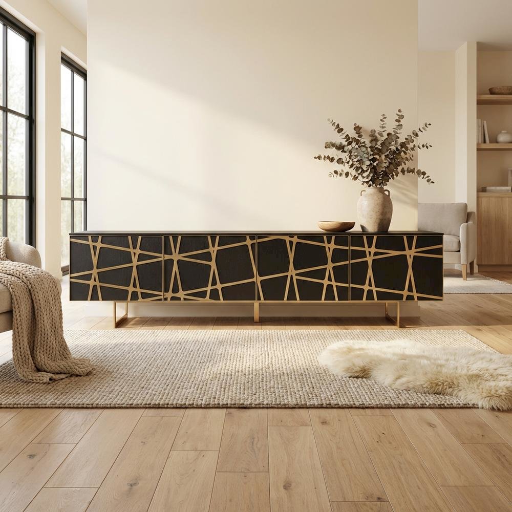 Modern Black TV Stand with Engineered Wood and Gold Accents for Living Room. Picture 3