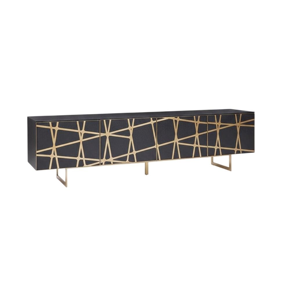 Modern Black TV Stand with Engineered Wood and Gold Accents for Living Room. Picture 4
