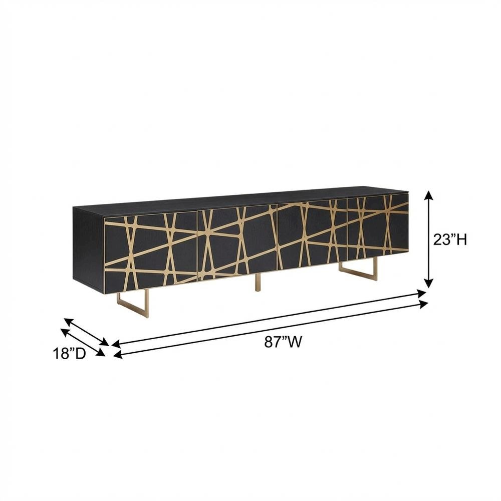 Modern Black TV Stand with Engineered Wood and Gold Accents for Living Room. Picture 7
