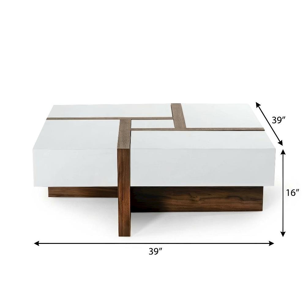 White Square Coffee Table with Walnut Veneer and MDF Construction, Single Piece. Picture 4