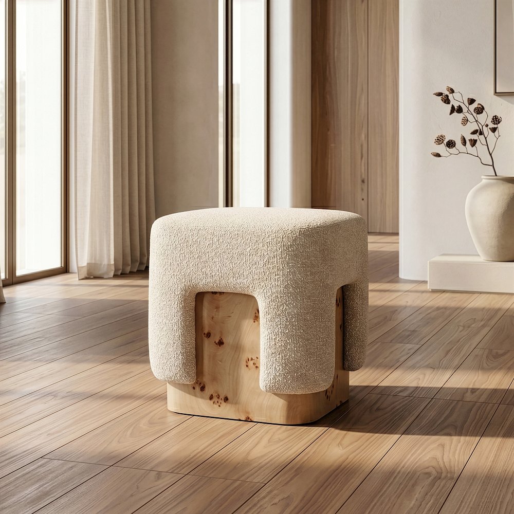 Mayfair - Contemporary Beige Fabric + Burl Square Ottoman. Picture 3