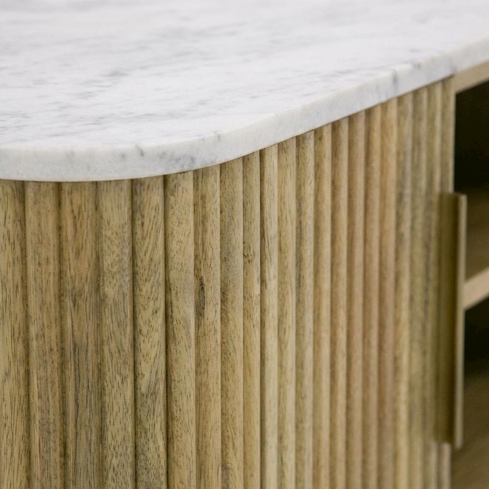 White marble, mango wood TV stand, engineered construction, multiple shelves. Picture 5