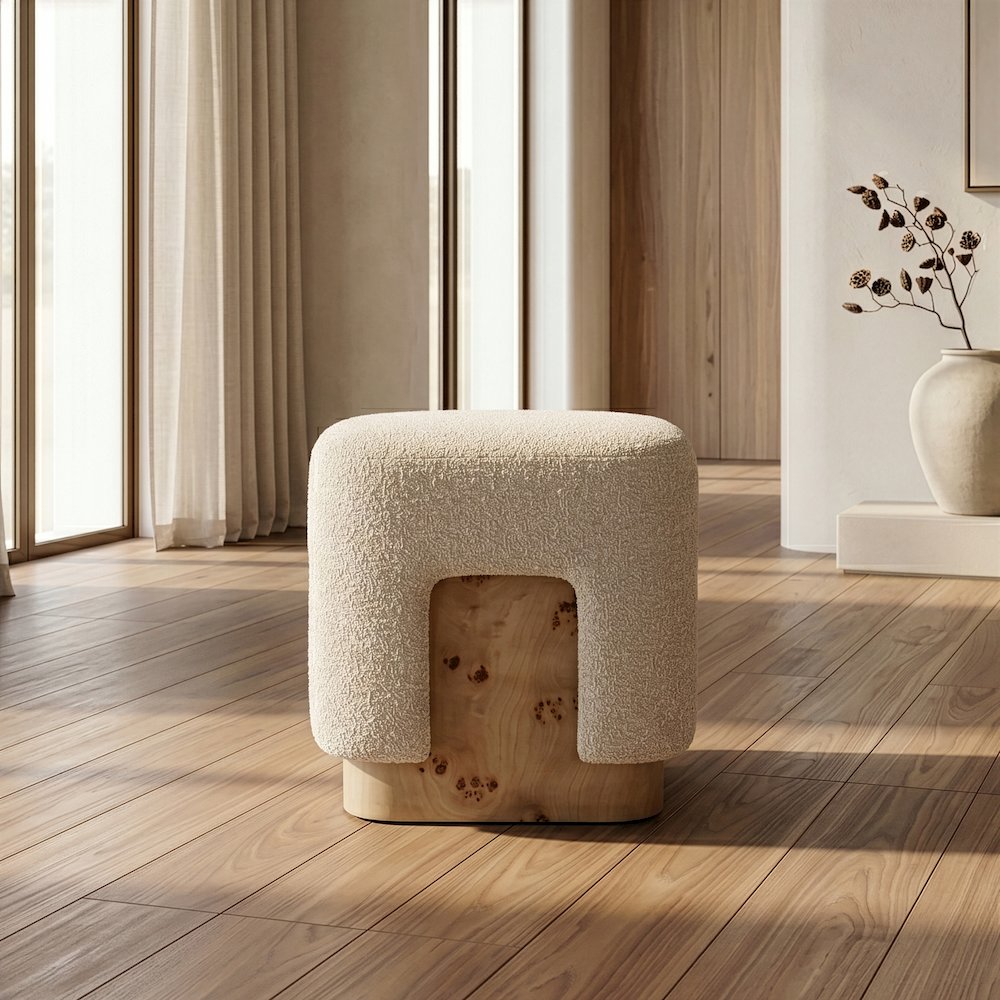 Mayfair - Contemporary Beige Fabric + Burl Square Ottoman. Picture 4