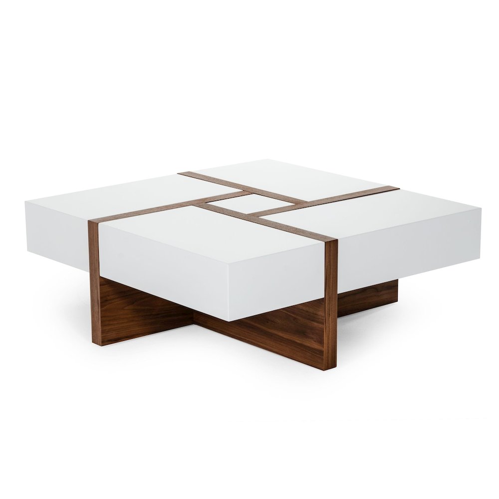 Modrest Makai Modern White & Walnut Square Coffee Table. Picture 2
