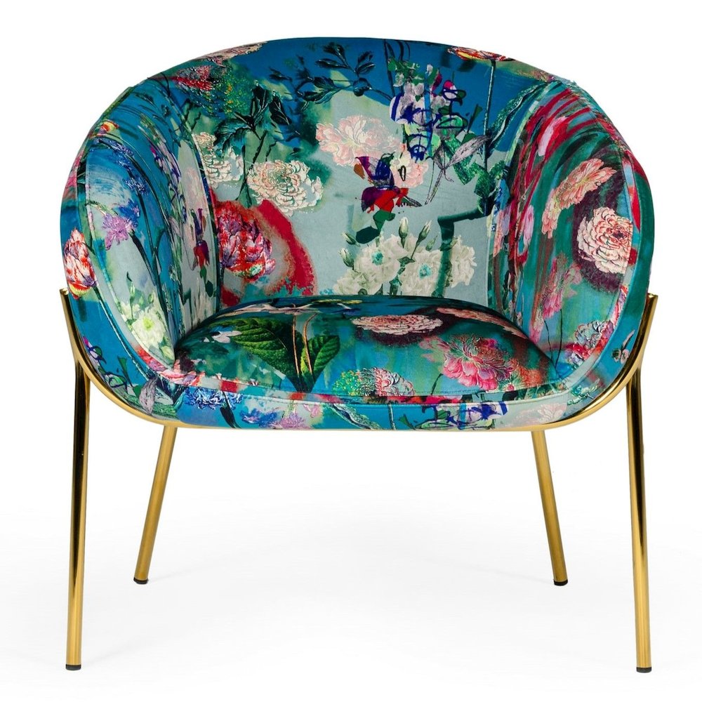 Falco - Contemporary Floral Velvet and Gold Accent Chair. Picture 1