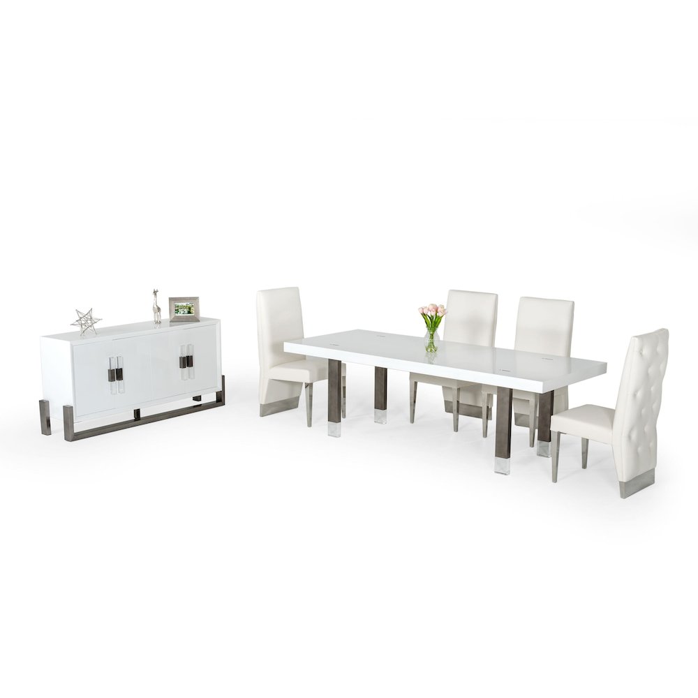 Modrest Lenny- Modern White High Gloss & Stainless Steel Gun Metal Dining Table. Picture 4