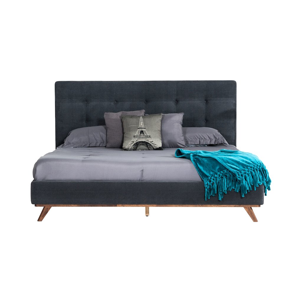 Addison Mid-Century Modern Grey Fabric and Walnut Eastern King Bed. Picture 1
