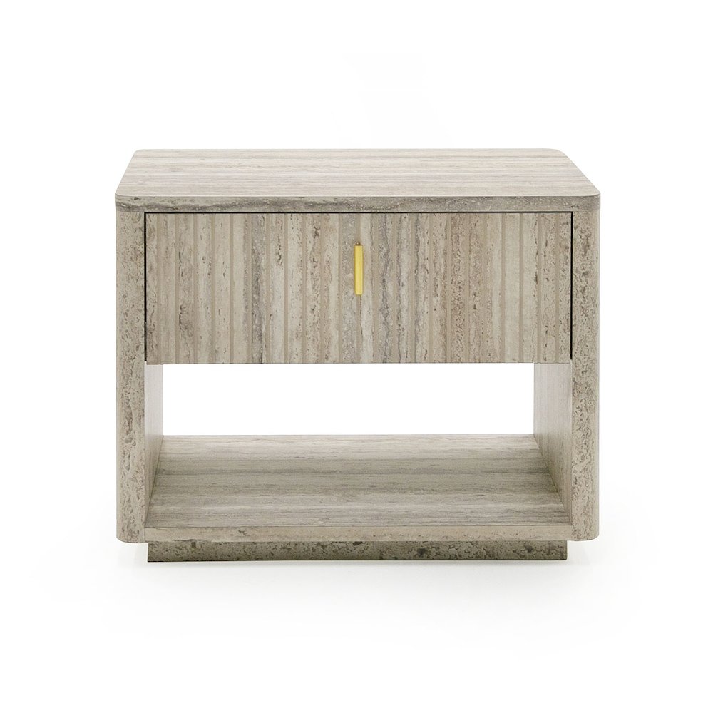 Nova Domus Roma - Modern Faux Travertine + Gold Nightstand. Picture 1