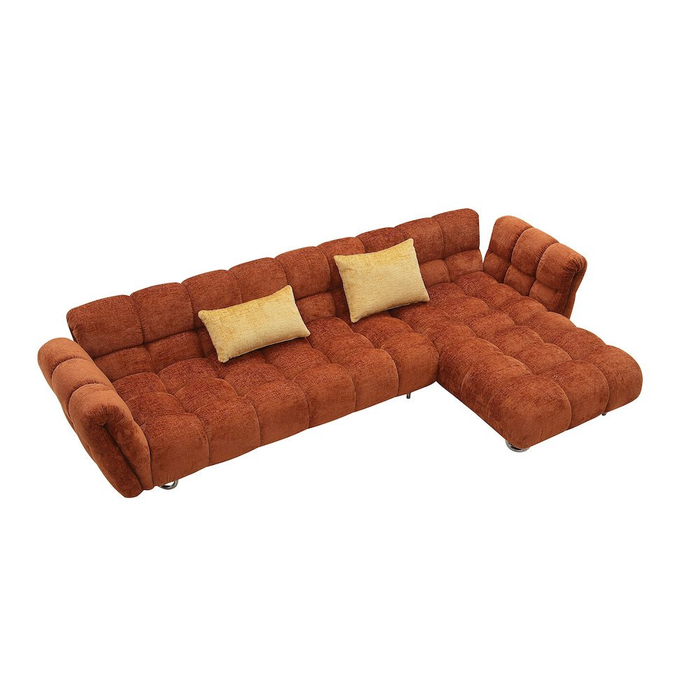 Modern Burnt Orange Fabric Right Facing Sectional Sofa + 2 Yellow Pillows. Picture 3