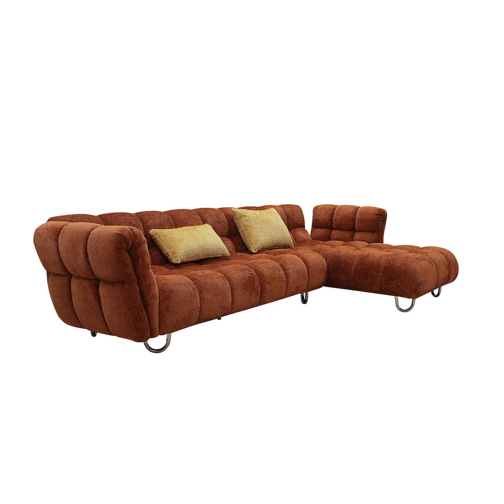 Modern Burnt Orange Fabric Right Facing Sectional Sofa + 2 Yellow Pillows. Picture 2