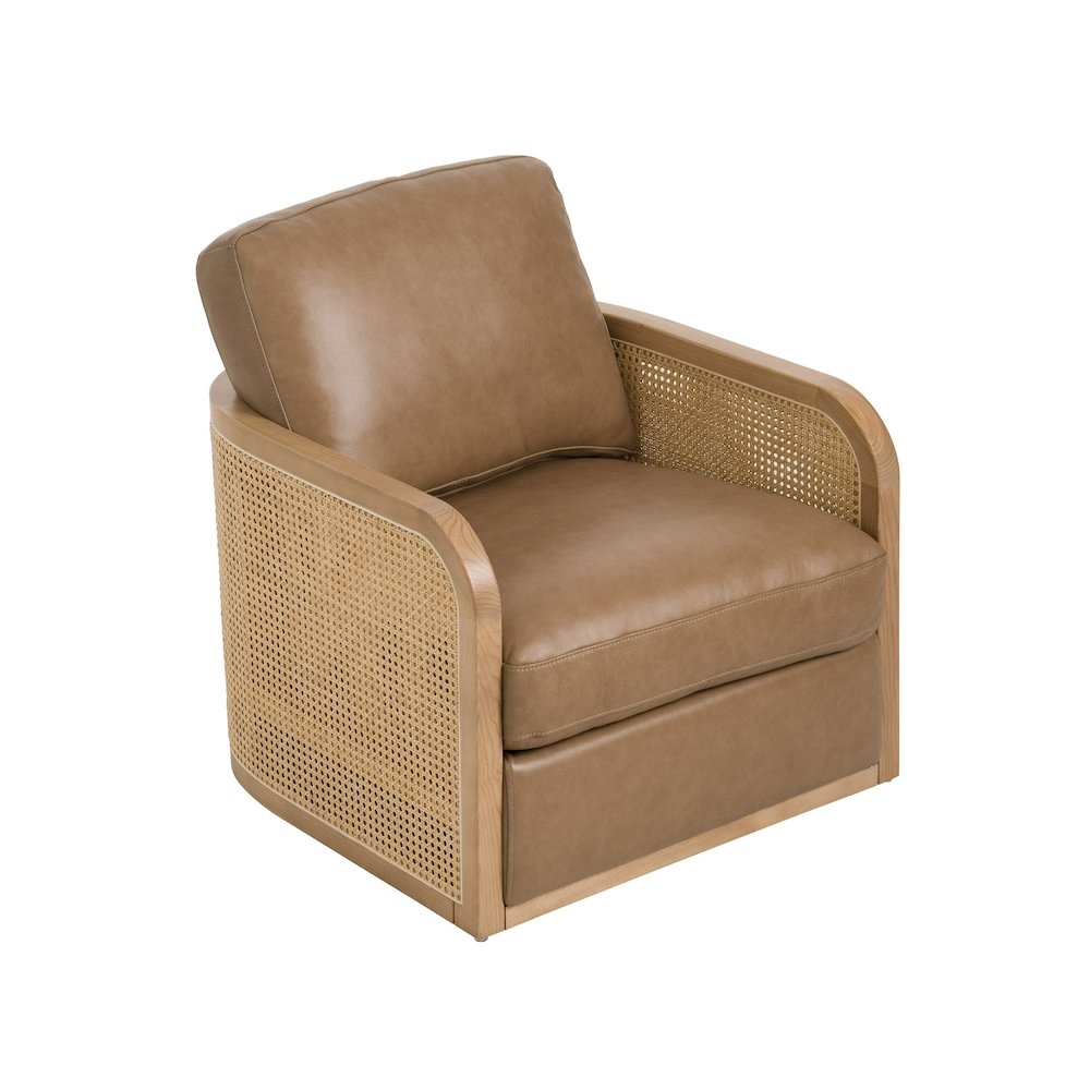 Divani Casa Danson - Modern Tan Leather + Wicker Swivel Accent Chair. Picture 4