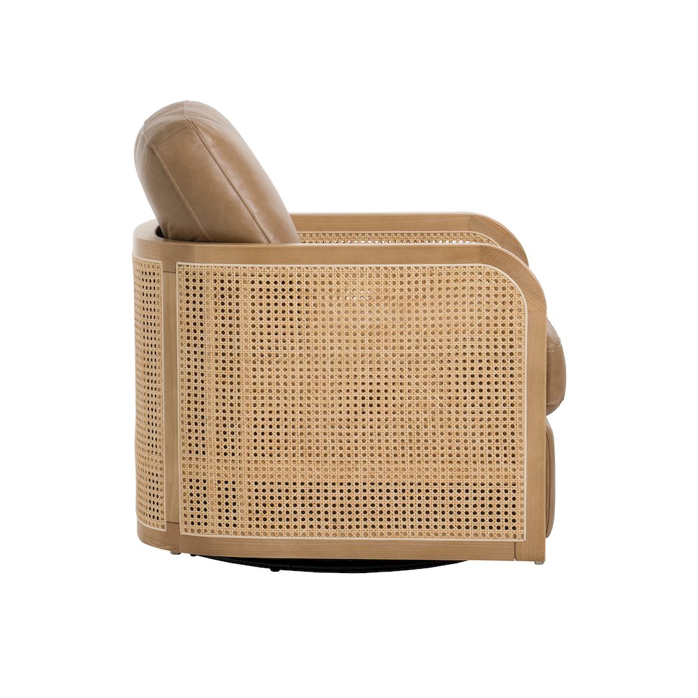 Divani Casa Danson - Modern Tan Leather + Wicker Swivel Accent Chair. Picture 5
