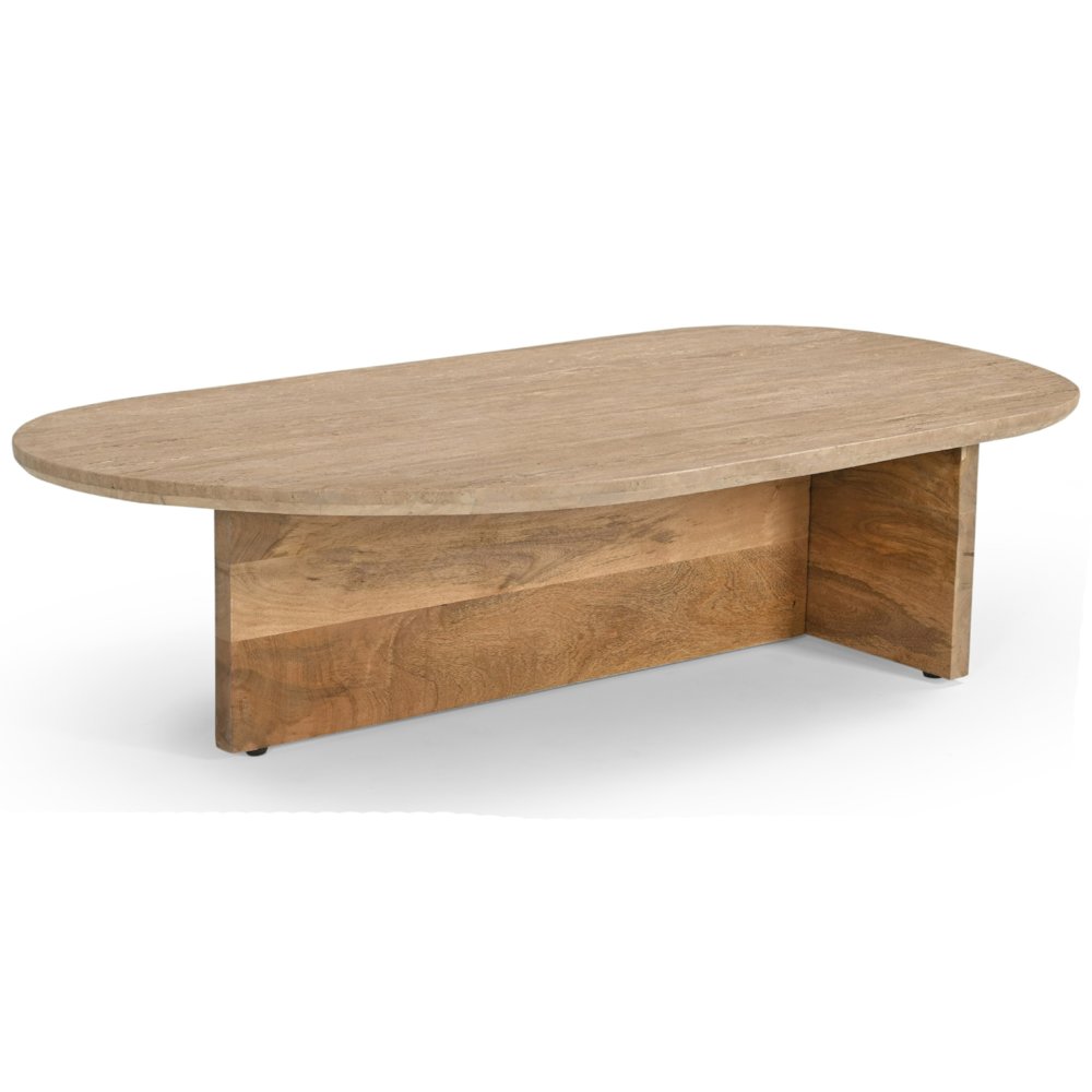 Chisholm - Modern Travertine Marble Wood Freeform Coffee Table. Picture 3