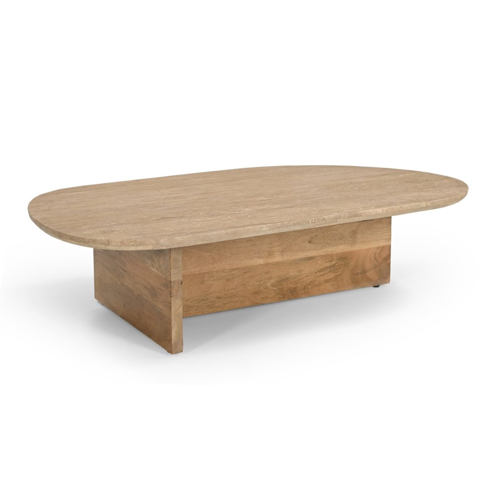 Chisholm - Modern Travertine Marble Wood Freeform Coffee Table. Picture 2
