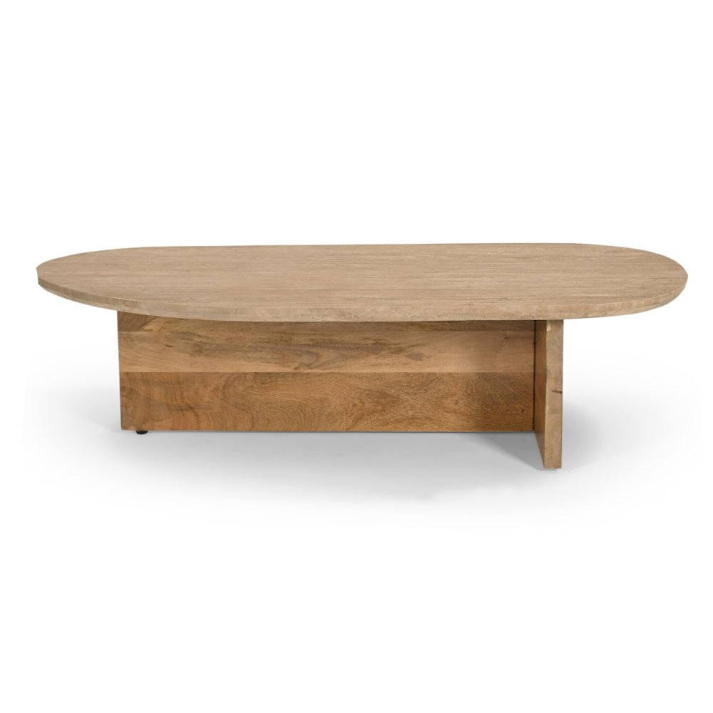 Chisholm - Modern Travertine Marble Wood Freeform Coffee Table. Picture 1