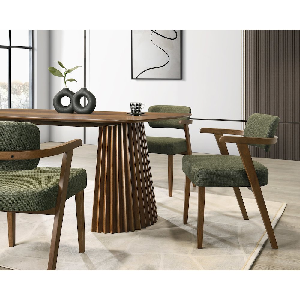 Sacks - Mid-Century Modern Green Fabric Herringbone Walnut Dining Set. Picture 4