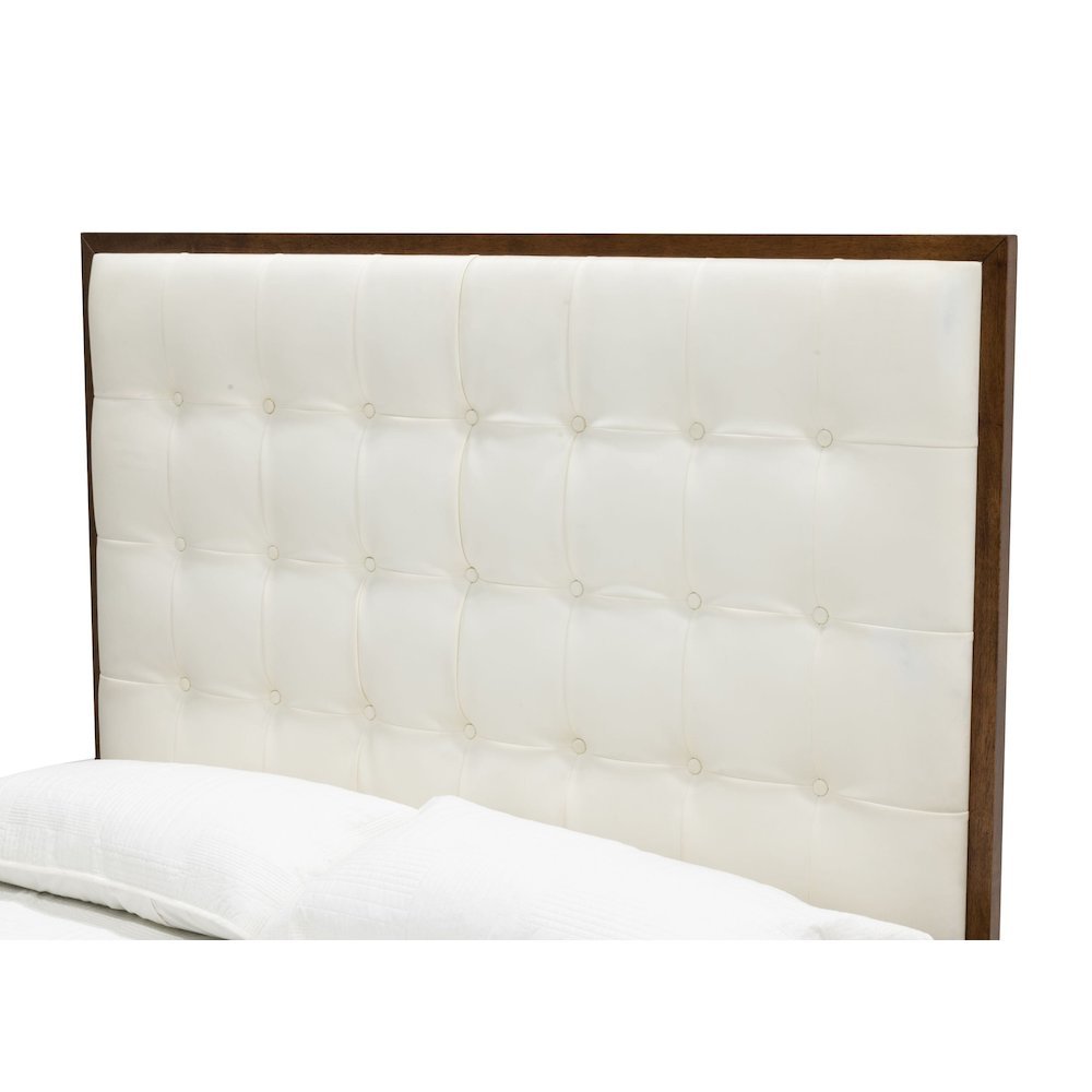 California King Bed Frame, White Faux Leather Low Profile Bed With Walnut. Picture 5