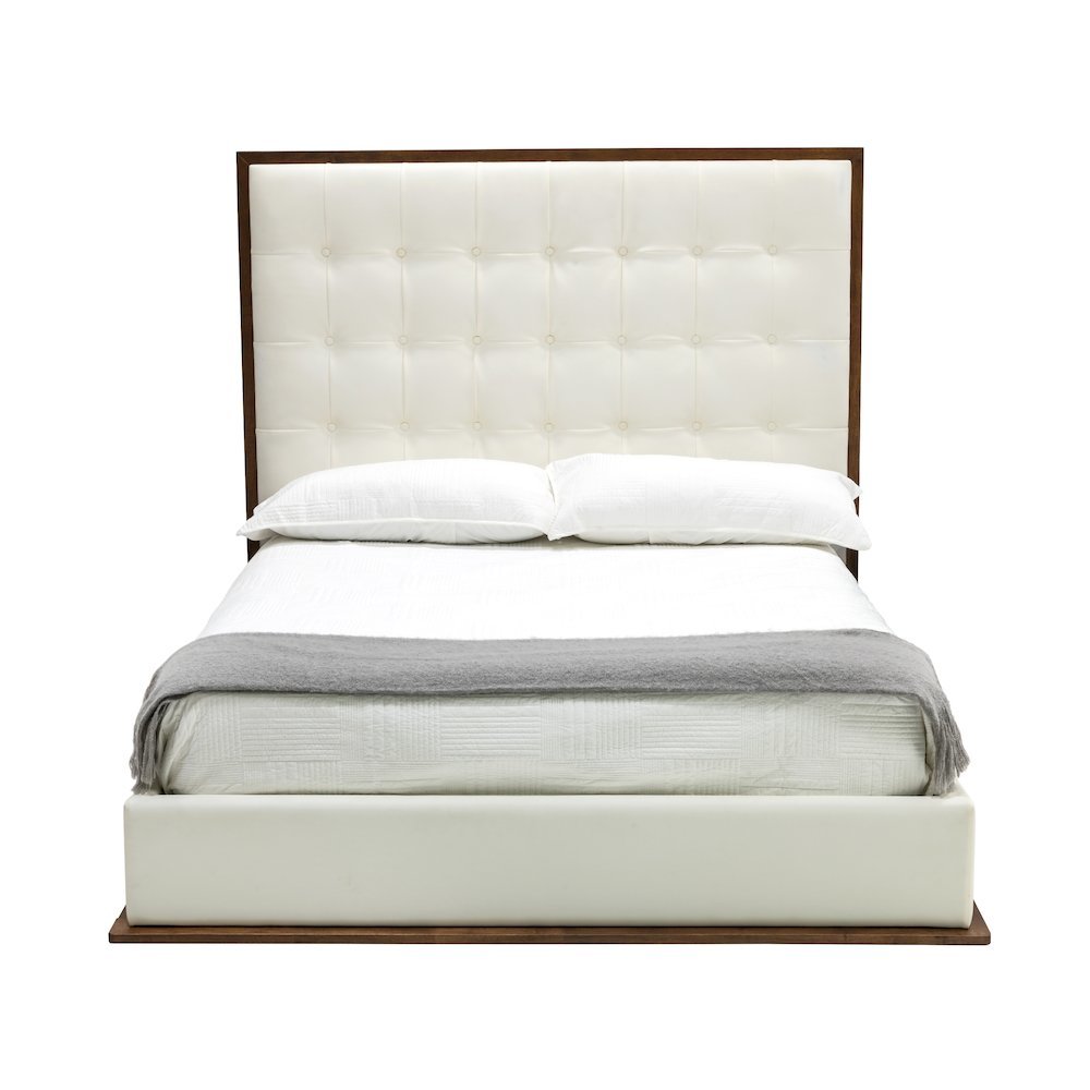 California King Bed Frame, White Faux Leather Low Profile Bed With Walnut. Picture 4