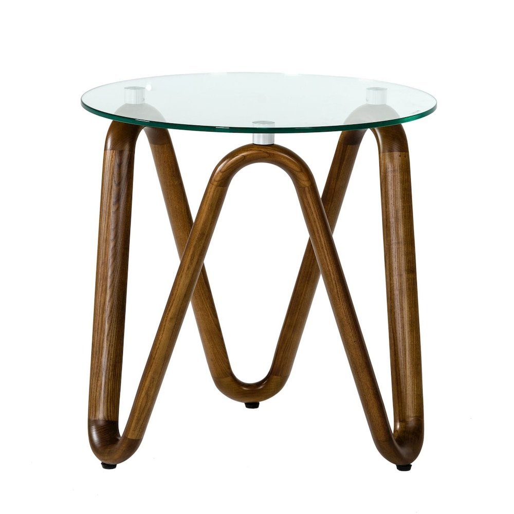 Round Glass End Table With Walnut Base, Solid Wood Side Accent Table. Picture 4