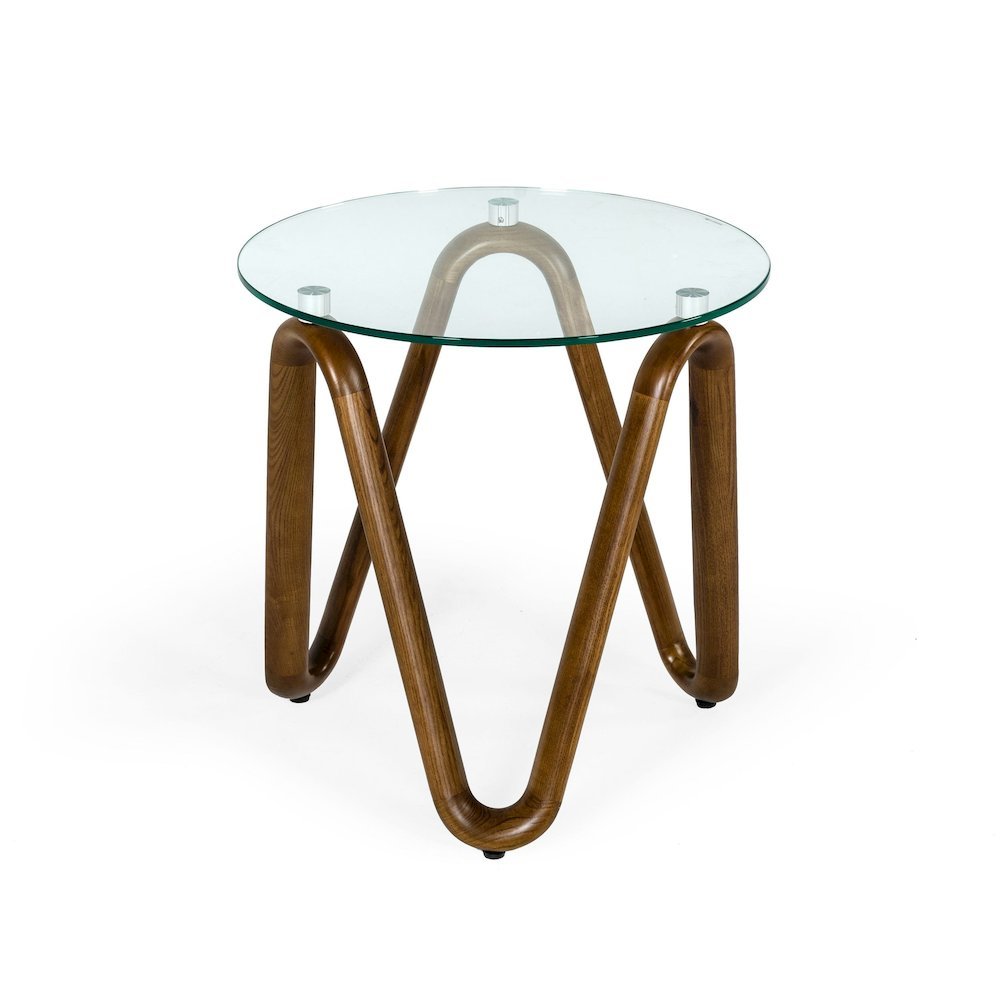 Round Glass End Table With Walnut Base, Solid Wood Side Accent Table. Picture 1