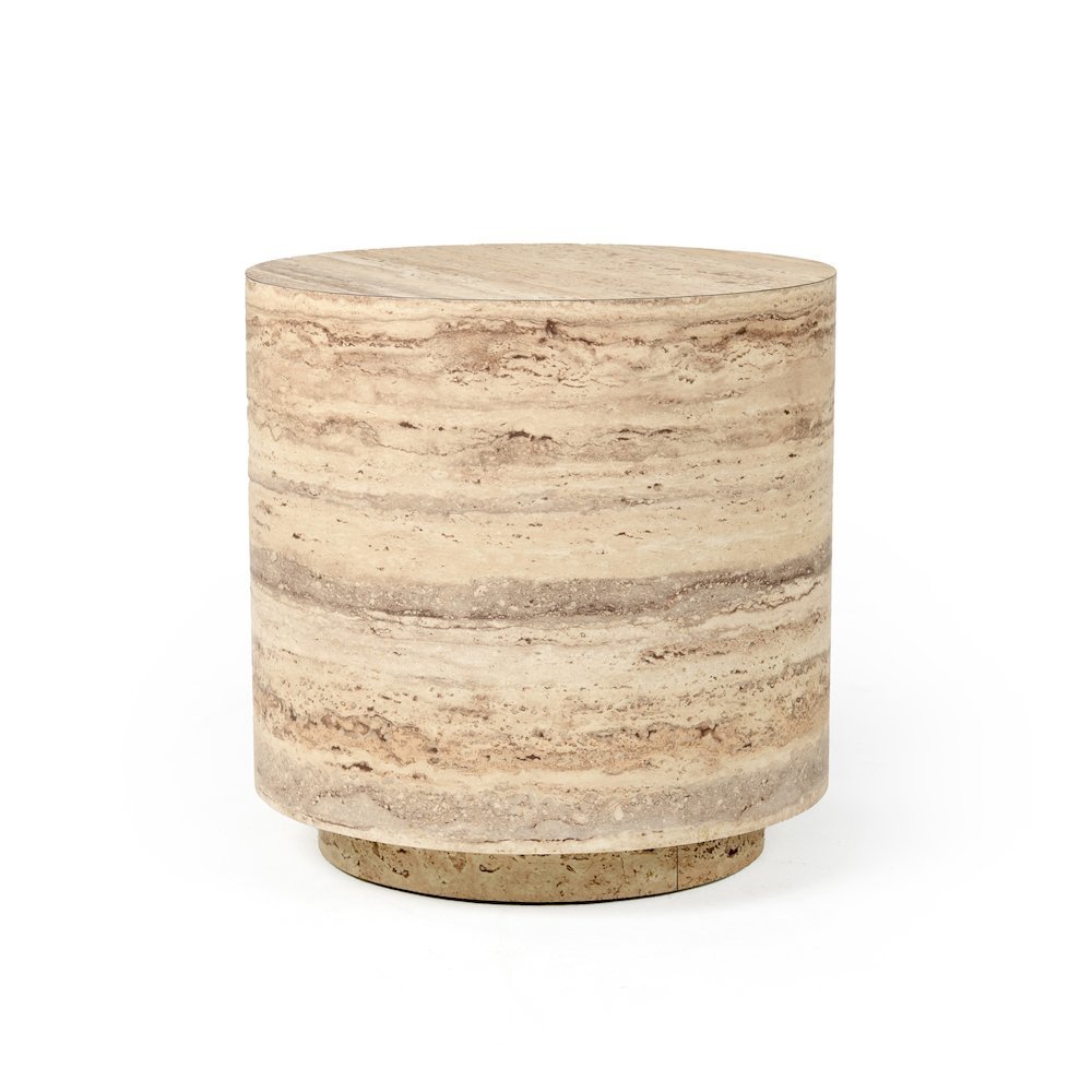 Round Faux Travertine Side Table, Gray Stone Finish Unique End Table. Picture 4