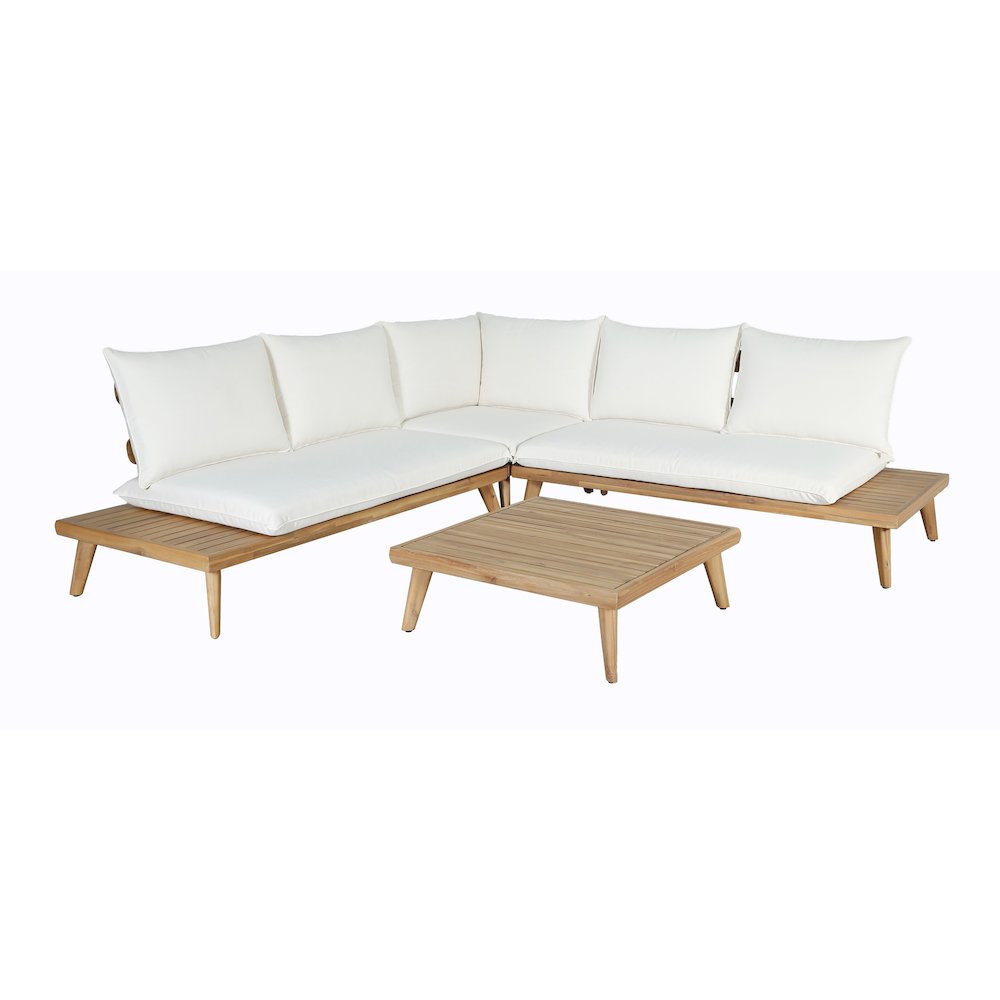 Tavira - Outdoor Off-White Fabric + Eucalyptus Sectional Sofa + Coffee Table Set. Picture 1