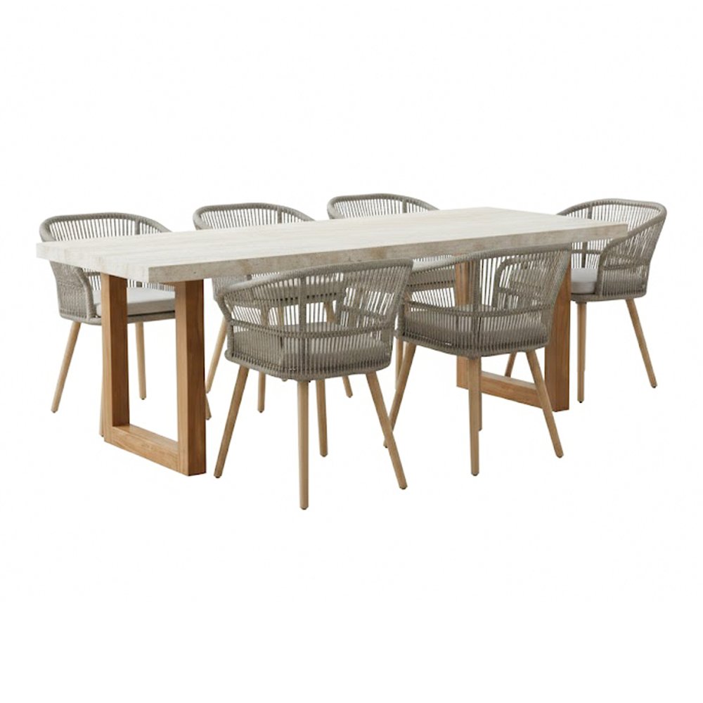 Cascais - Outdoor Grey + Faux Travertine + Eucalyptus Dining Table Set. Picture 1