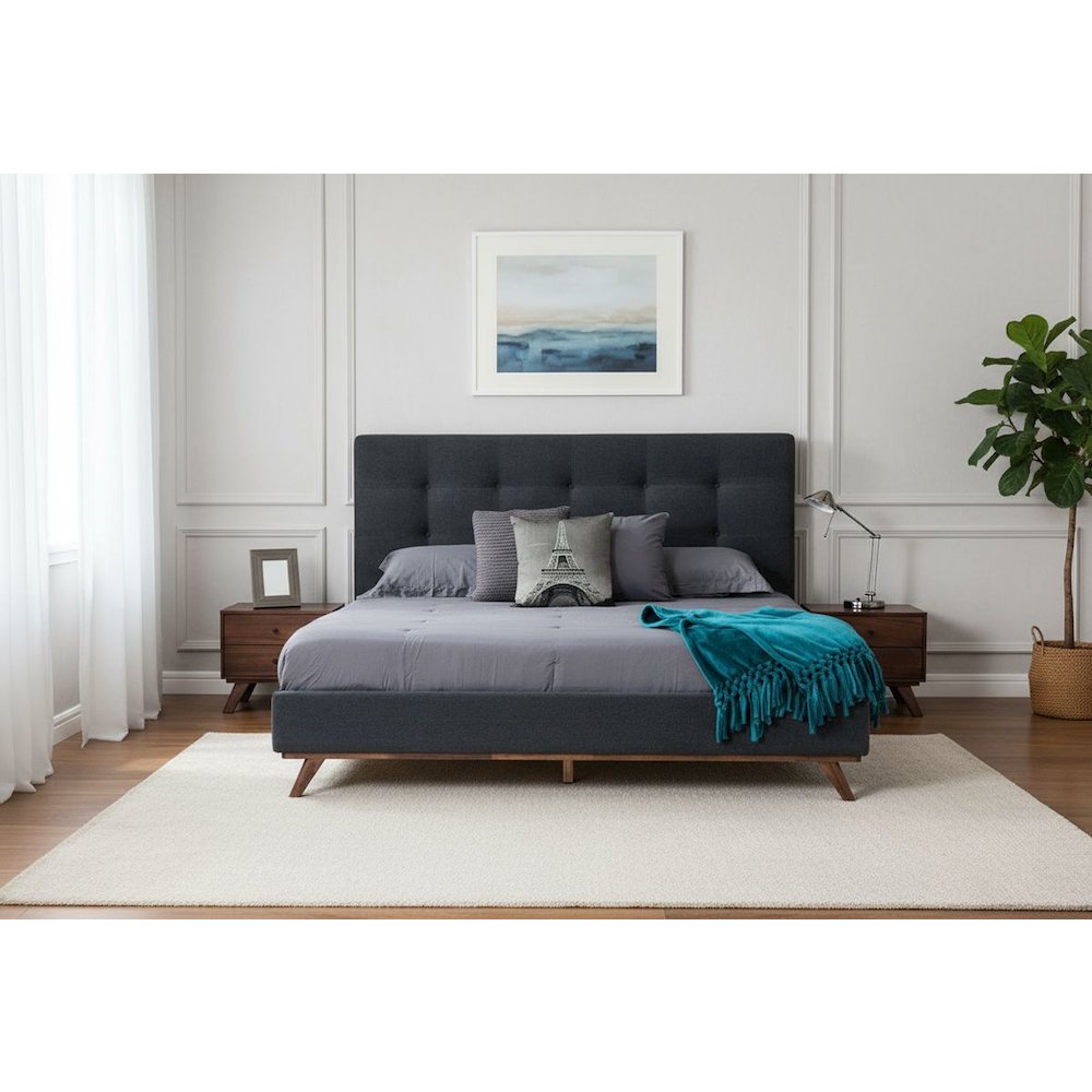 Addison Mid-Century Modern Grey Fabric and Walnut Eastern King Bed. Picture 2