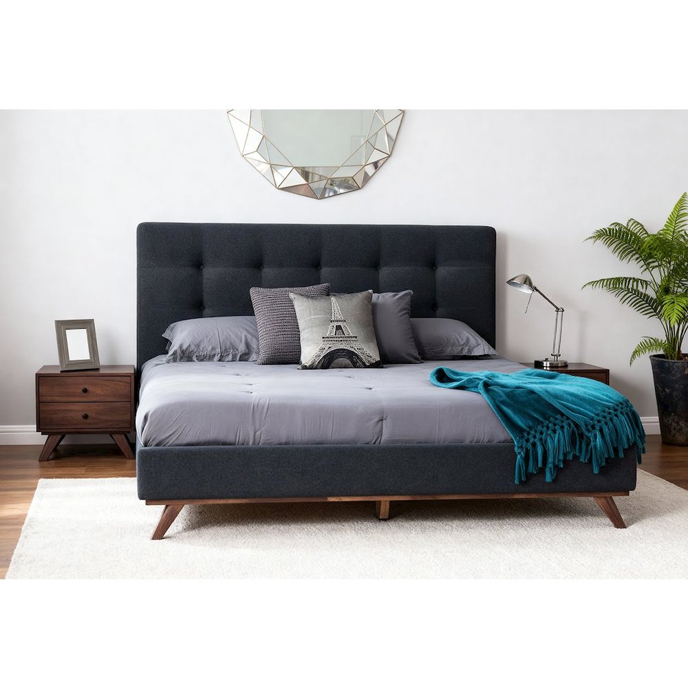 Addison Mid-Century Modern Grey Fabric and Walnut Eastern King Bed. Picture 4