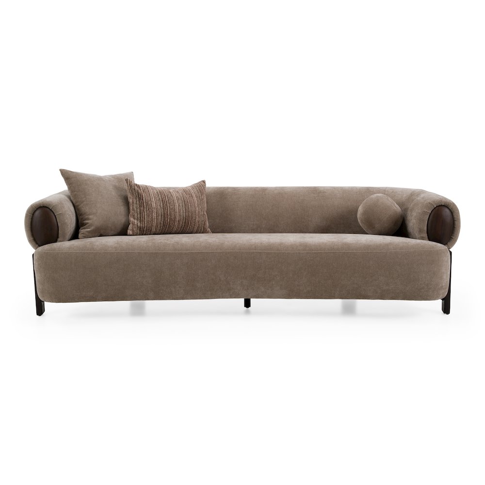 Arnaud - Modern Tan Fabric + Brown Oak Sofa. Picture 1