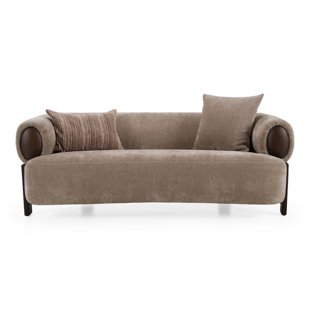Arnaud - Modern Tan Fabric + Brown Oak Loveseat Sofa. Picture 1