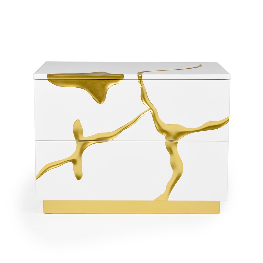 Modrest Aspen Modern Wide White and Gold Nightstand. Picture 1