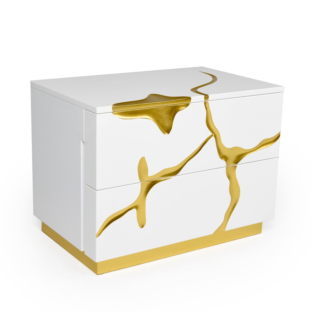 Modrest Aspen Modern Wide White and Gold Nightstand. Picture 3