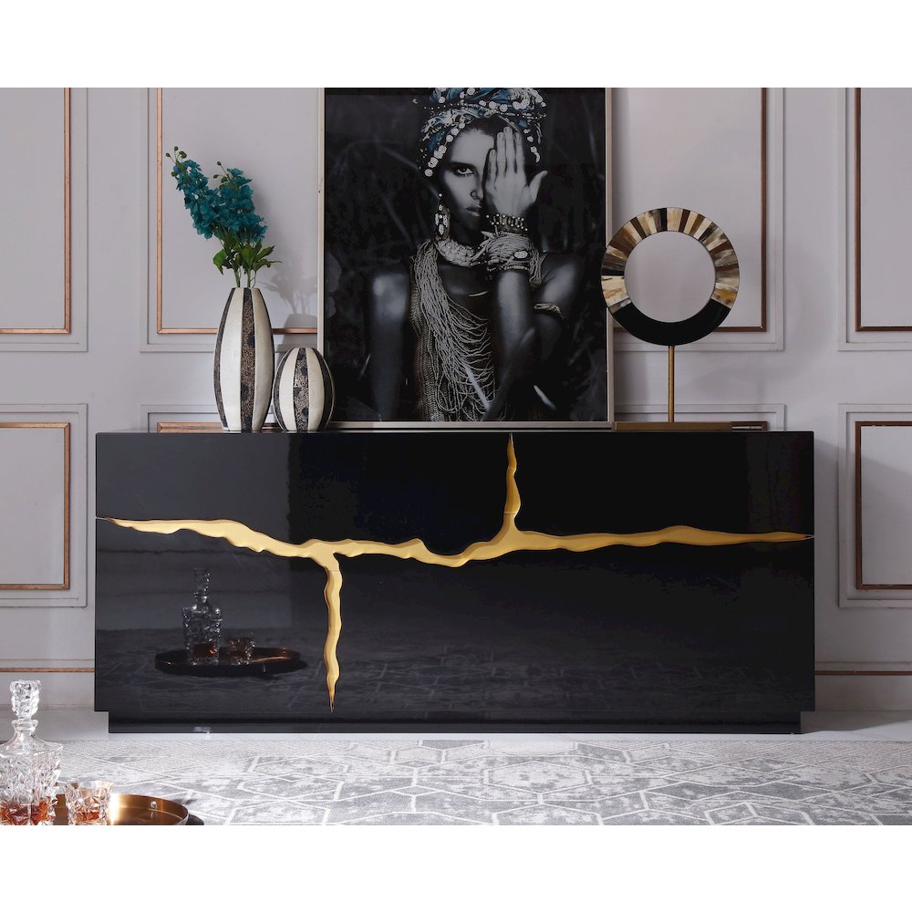 Modrest Aspen - Modern High Gloss Black & Gold Buffet. Picture 1