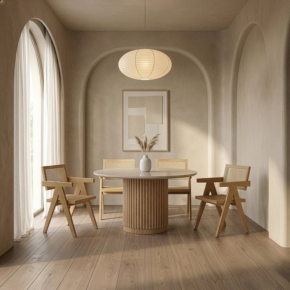 Bambi - Modern Botticino Marble + Mango Round Dining Table. Picture 2