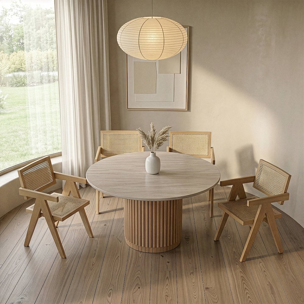 Bambi - Modern Botticino Marble + Mango Round Dining Table. Picture 3