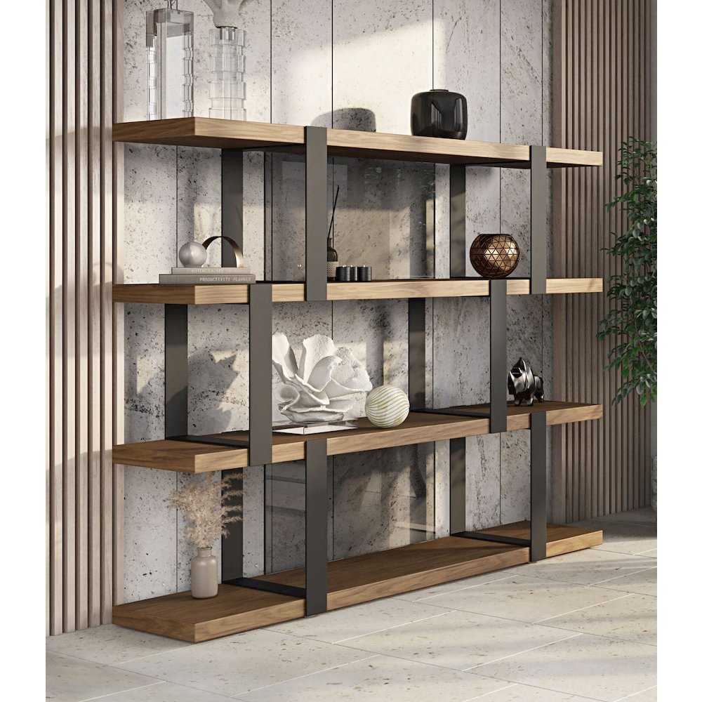 Modrest Brewer - Modern Walnut & Black Bookshelf. Picture 1