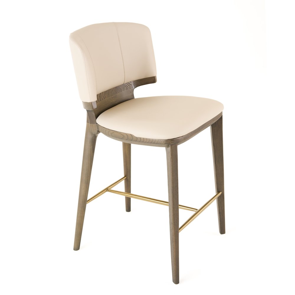 Mid-Century Modern Beige Vegan Leather + Grey Ash Counter Chair. Picture 1