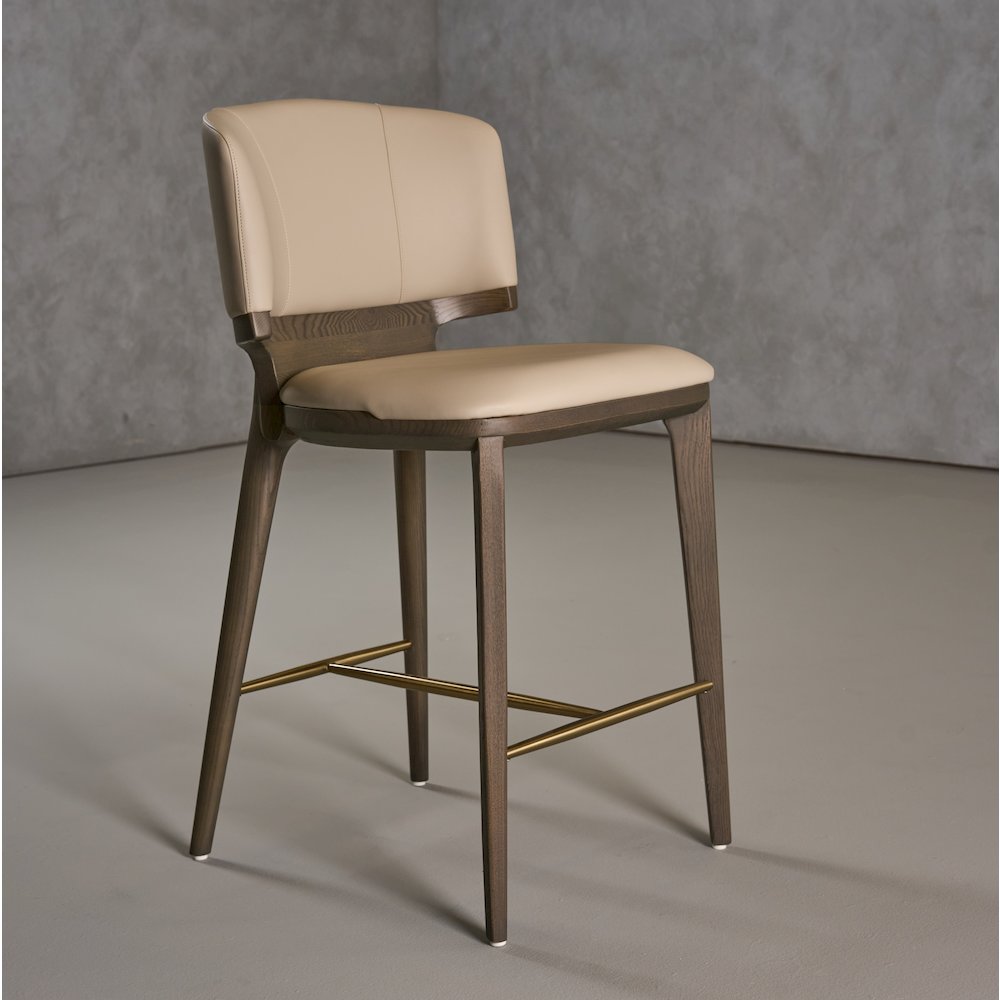 Mid-Century Modern Beige Vegan Leather + Grey Ash Counter Chair. Picture 2