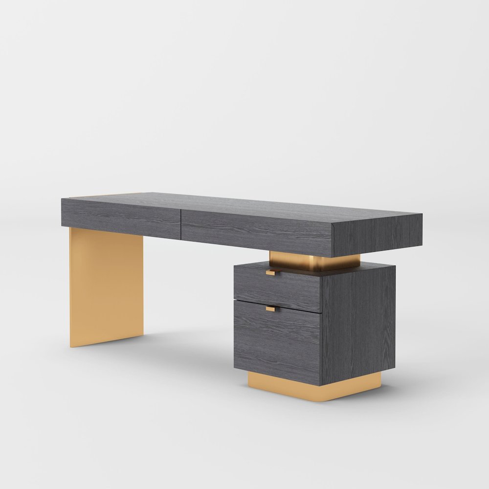 Modrest Trahan - Modern Grey Elm & Gold Office Desk. Picture 3