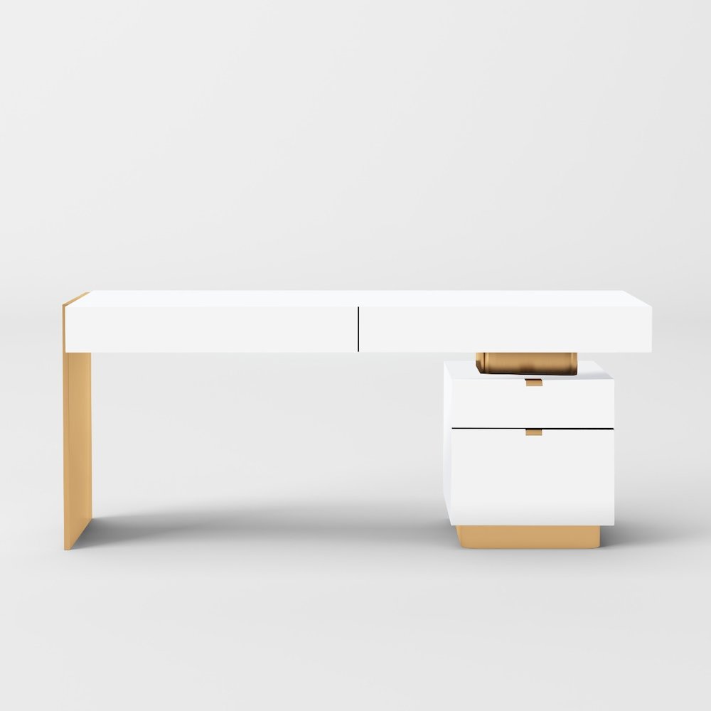 Modrest Trahan - Modern Gloss White and Brushed Gold Office Desk. Picture 1
