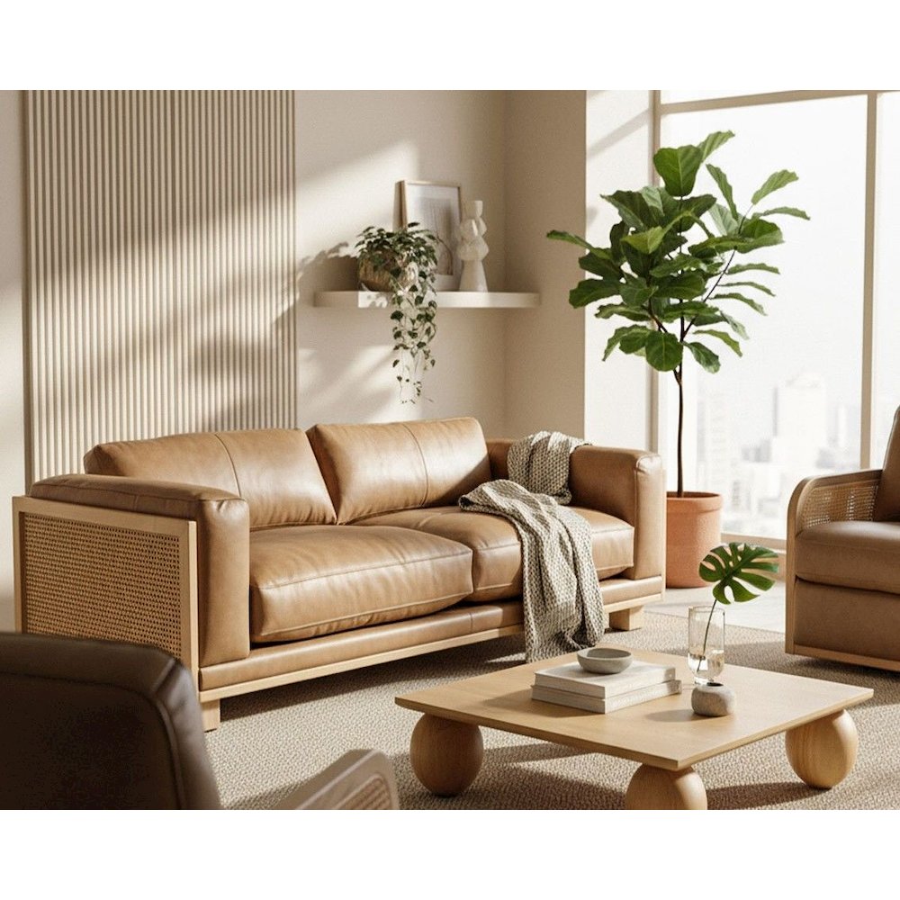 Danson - Modern Tan Leather Wicker Sofa. Picture 3