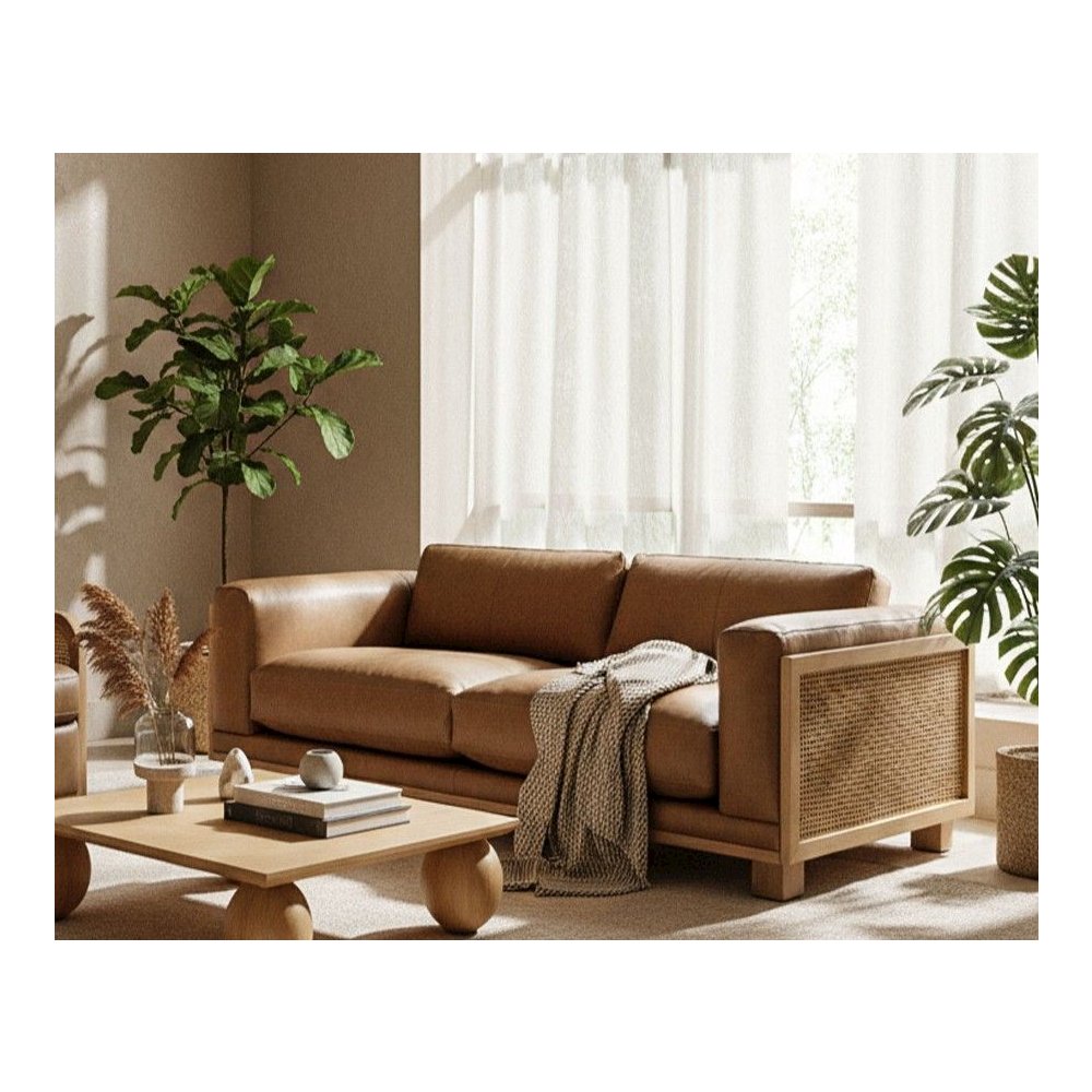 Danson - Modern Tan Leather Wicker Sofa. Picture 2
